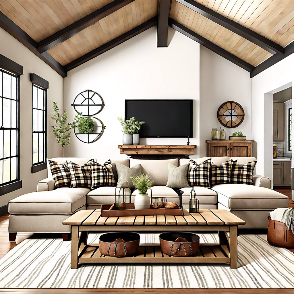 rustic farmhouse sectional with plaid throw pillows