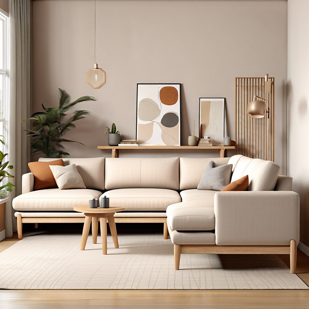 scandinavian minimalist sectional with light wood legs and neutral fabric