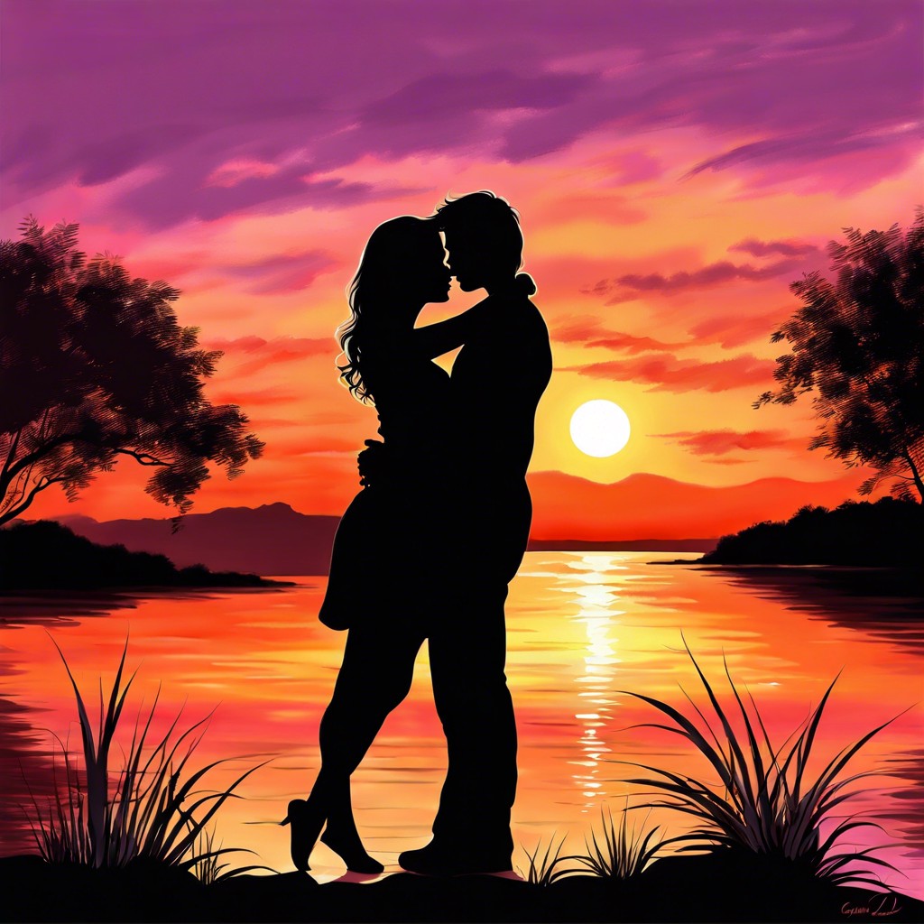 silhouette embrace at sunset