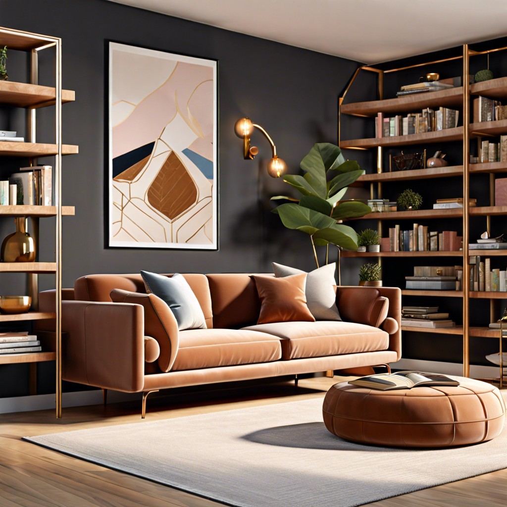 sofa with built in bookshelves on the armrests