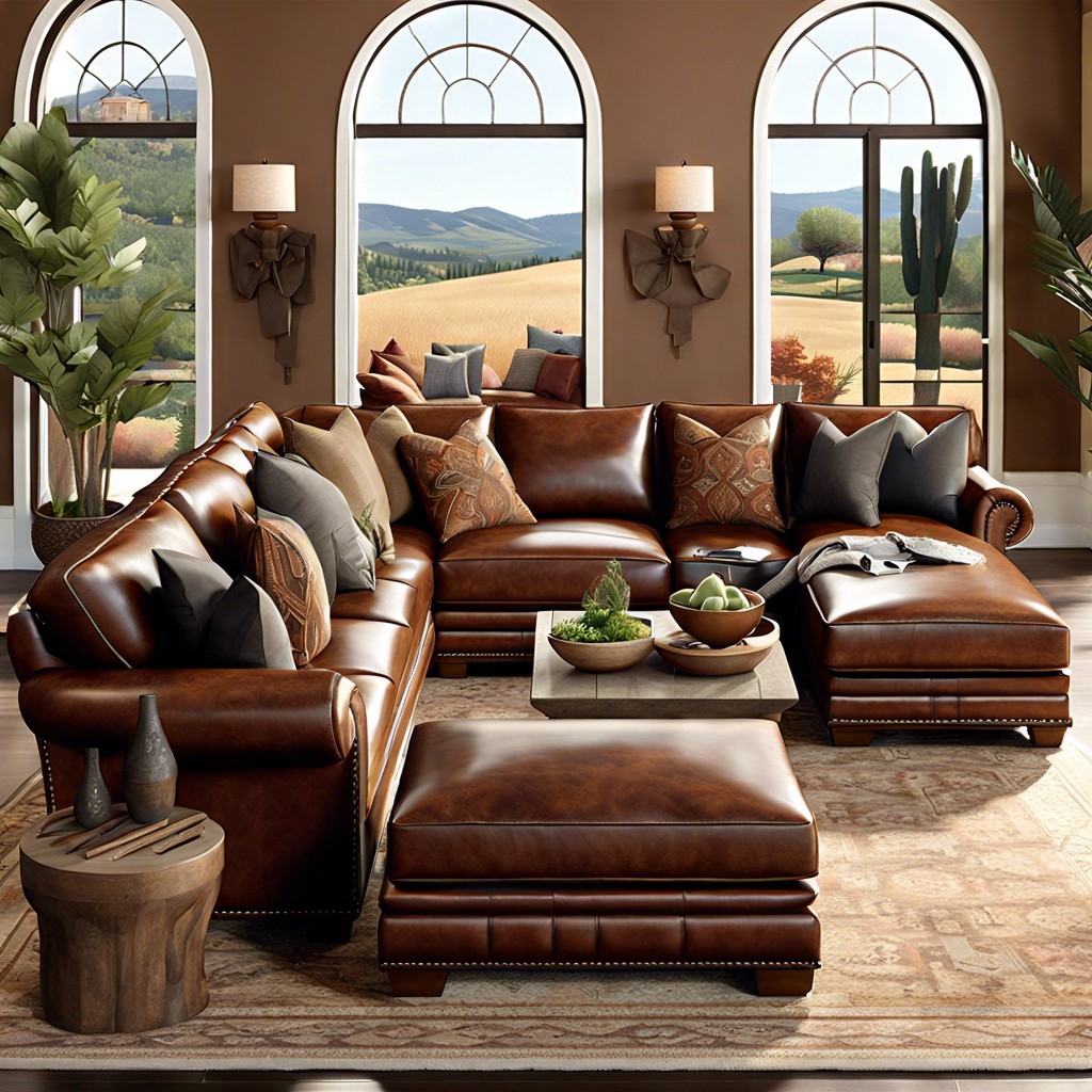 tuscan inspired sectional with deep earth tones and leather