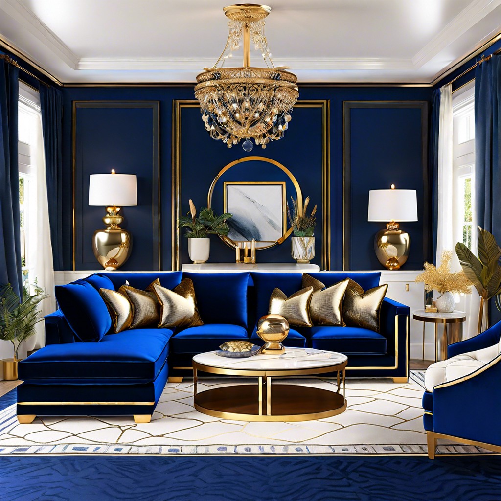 velvet u shaped sectional in royal blue with metallic gold accents