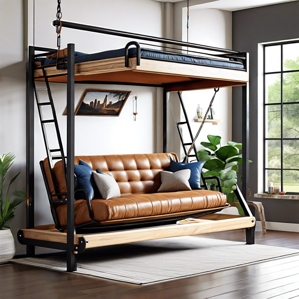 hanging bunk bed couch with hammock style upper bed