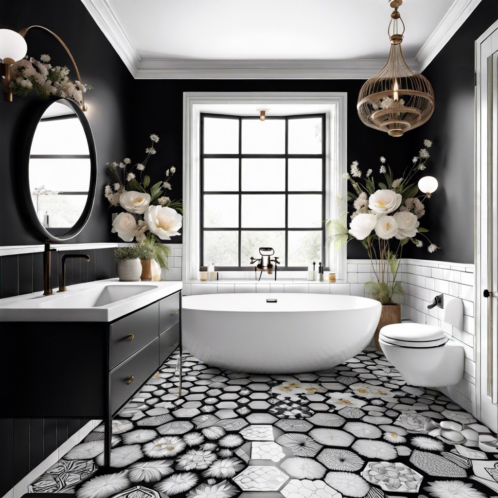 white tiles with black floral motifs