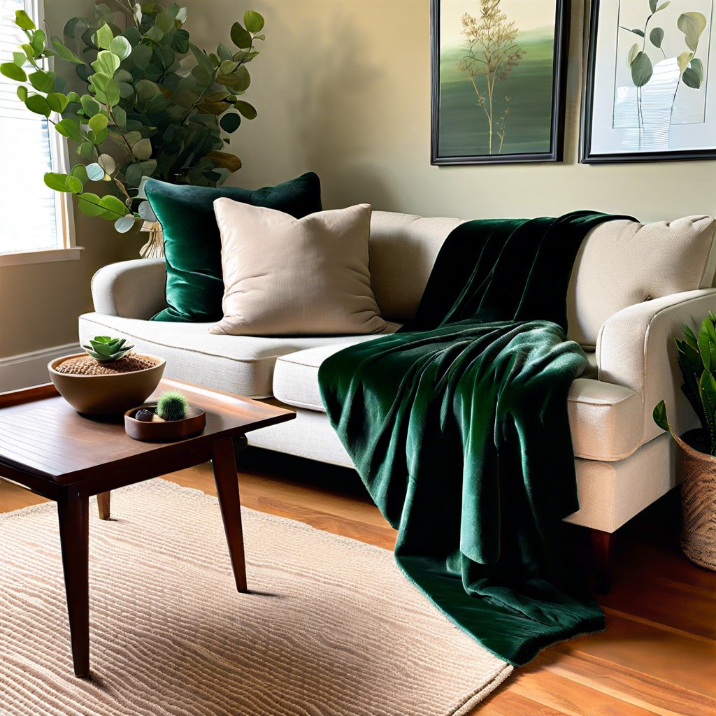 add a deep green velvet throw blanket