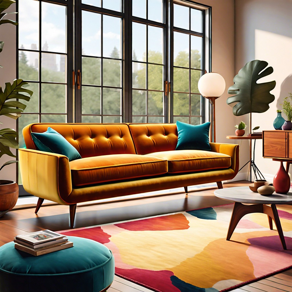 brightly colored velvet upholstery with tapered wooden legs