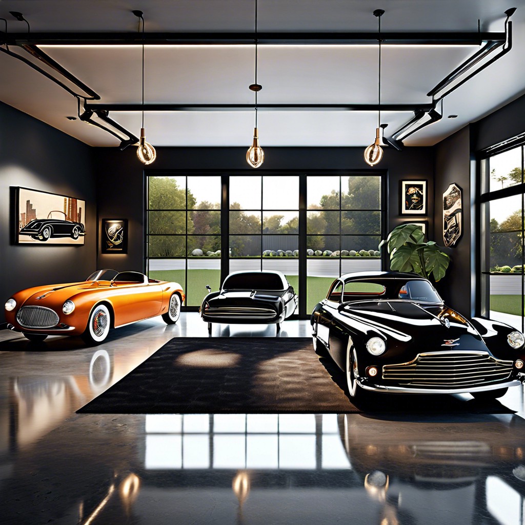 sleek automotive inspired garage lounge