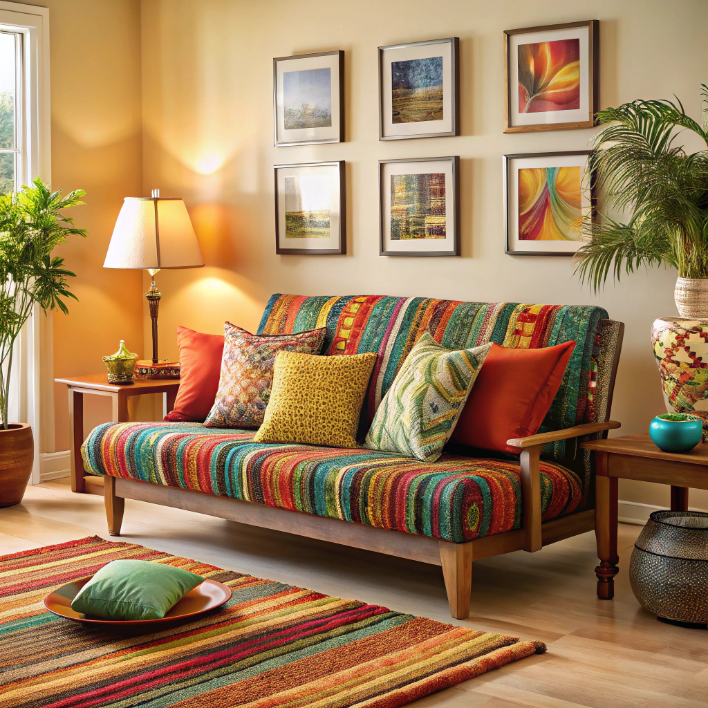 futon with colorful slipcovers