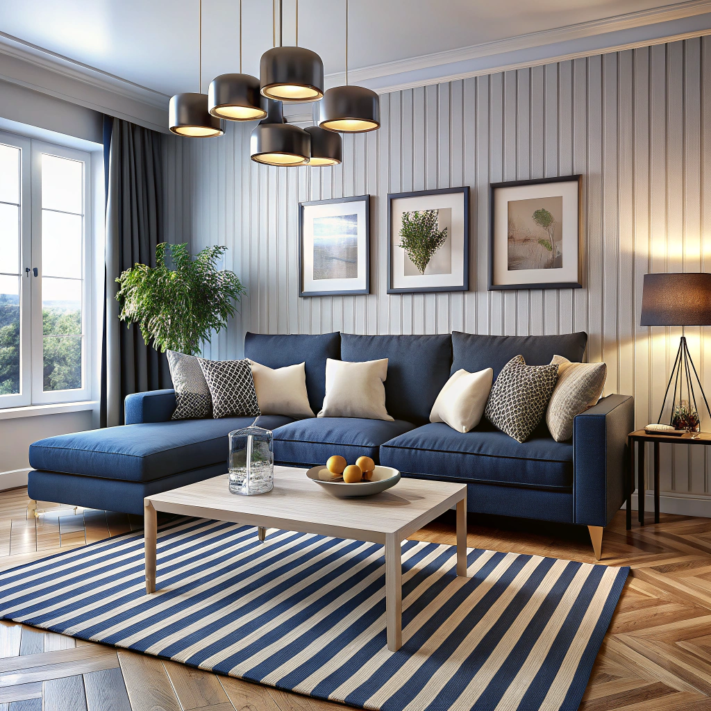 striped navy and white rug