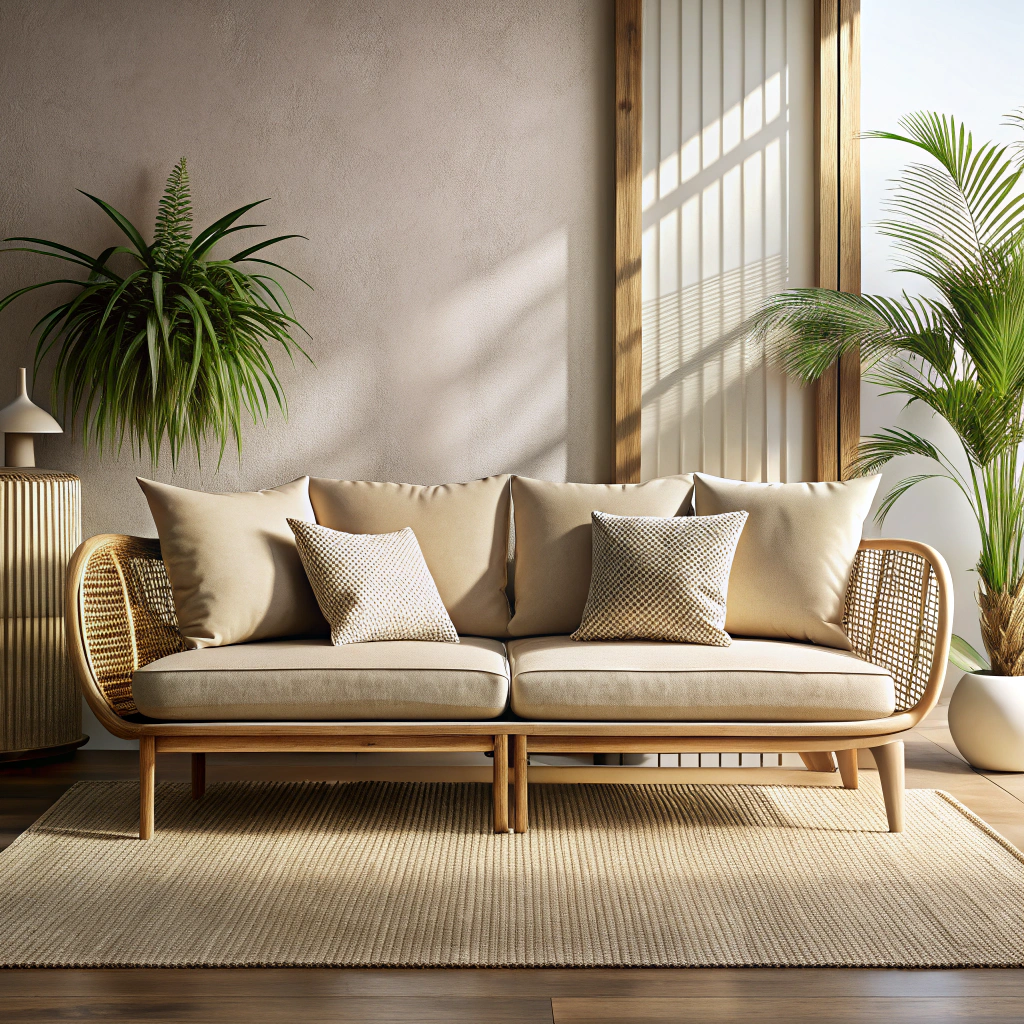 rattan frame with sandy upholstery